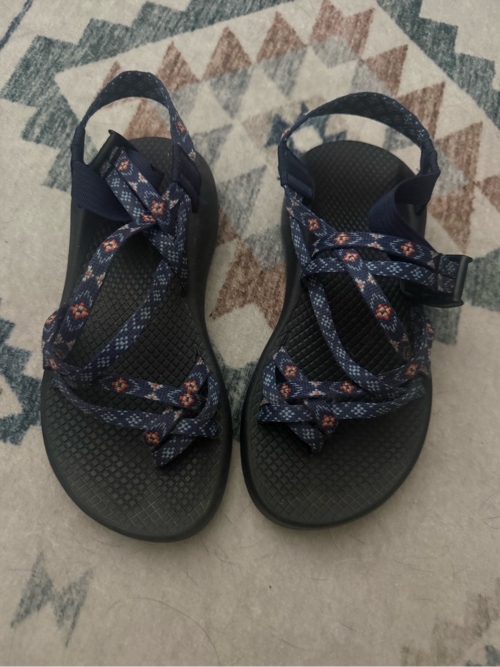Chaco Women's ZX2 Navy Patterned Strap Sandals with Orange Accent